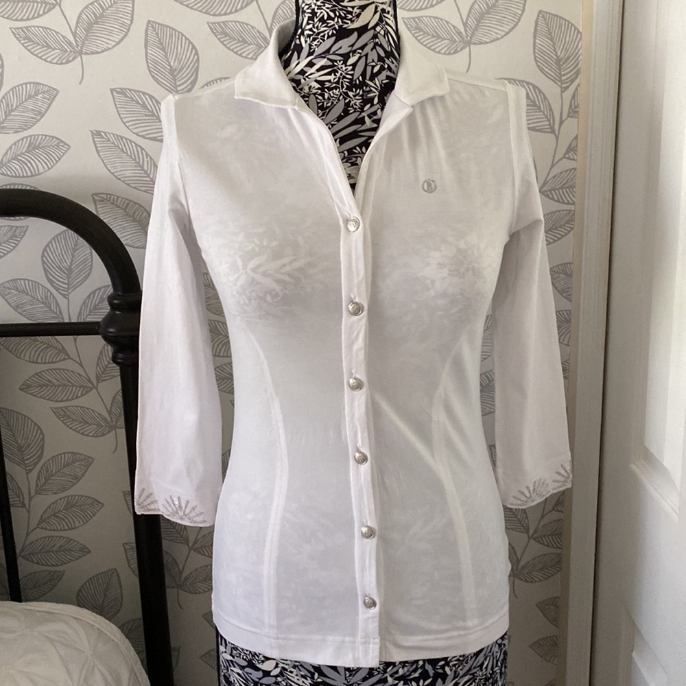 Women’s 3/4 sleeve button front polo with Swarovski crystals and embroid…